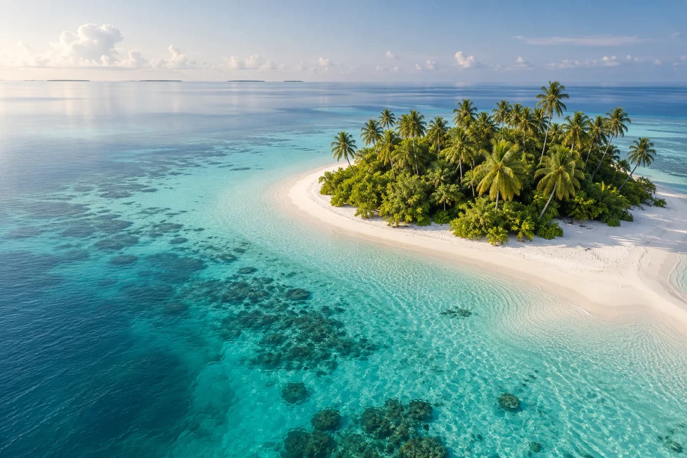 An imagined palm island surrounded by a turquoise lagoon